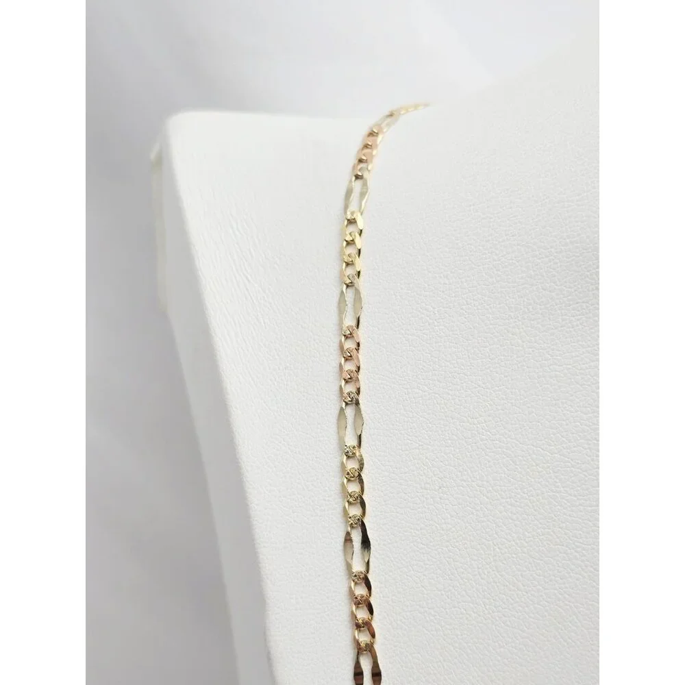 14K Two Tone Multi Color Gold Diamond Cut Figaro Link Chain Necklace - 24.25